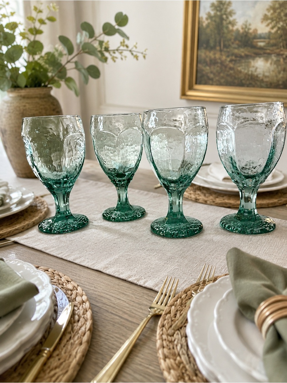 Vintage Libbey Chivalry Green Textured Water Goblets – Set of 4
